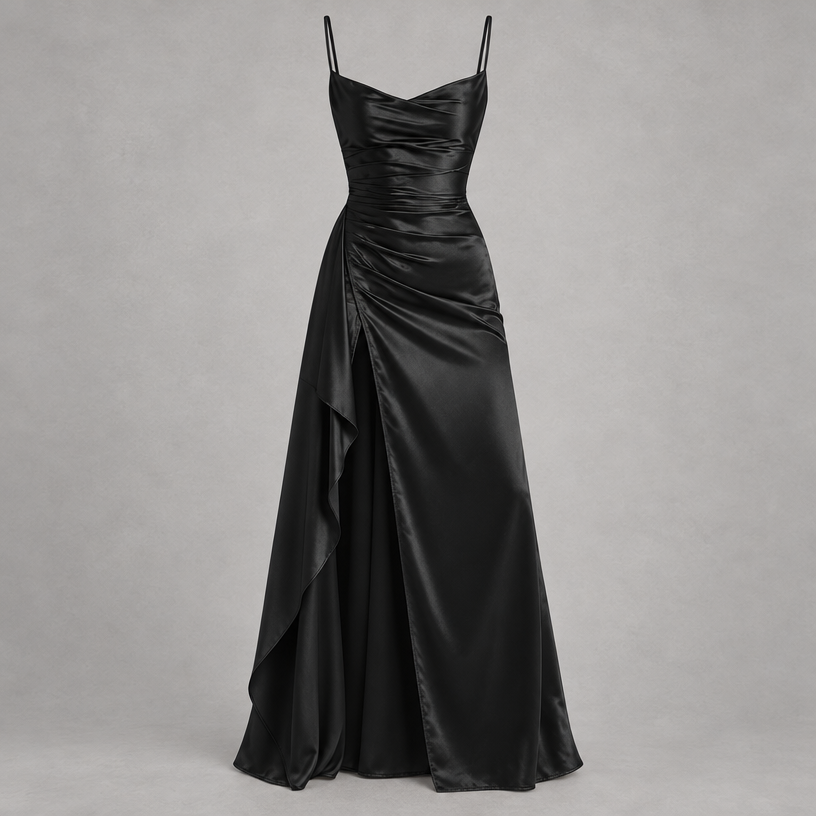 Damen Satin-Abendkleid mit Drapierung und Seitenschlitz — Schwarz