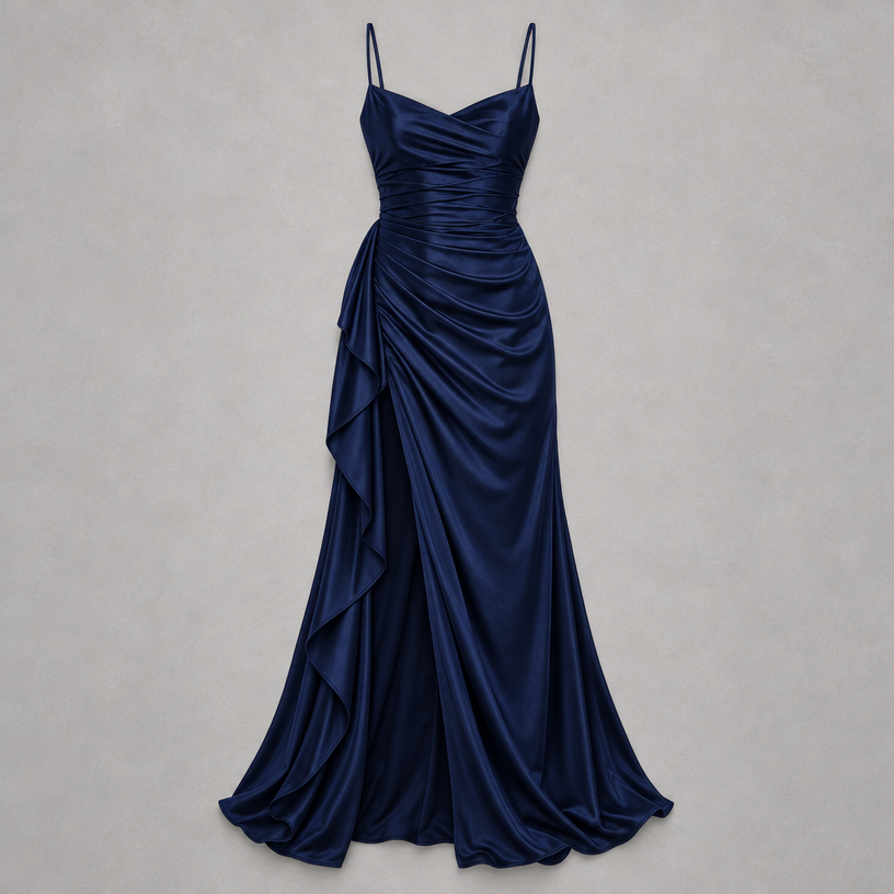 Damen Satin-Abendkleid mit Drapierung und Seitenschlitz — Marineblau