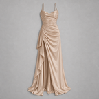 Damen Satin-Abendkleid mit Drapierung und Seitenschlitz — Beige