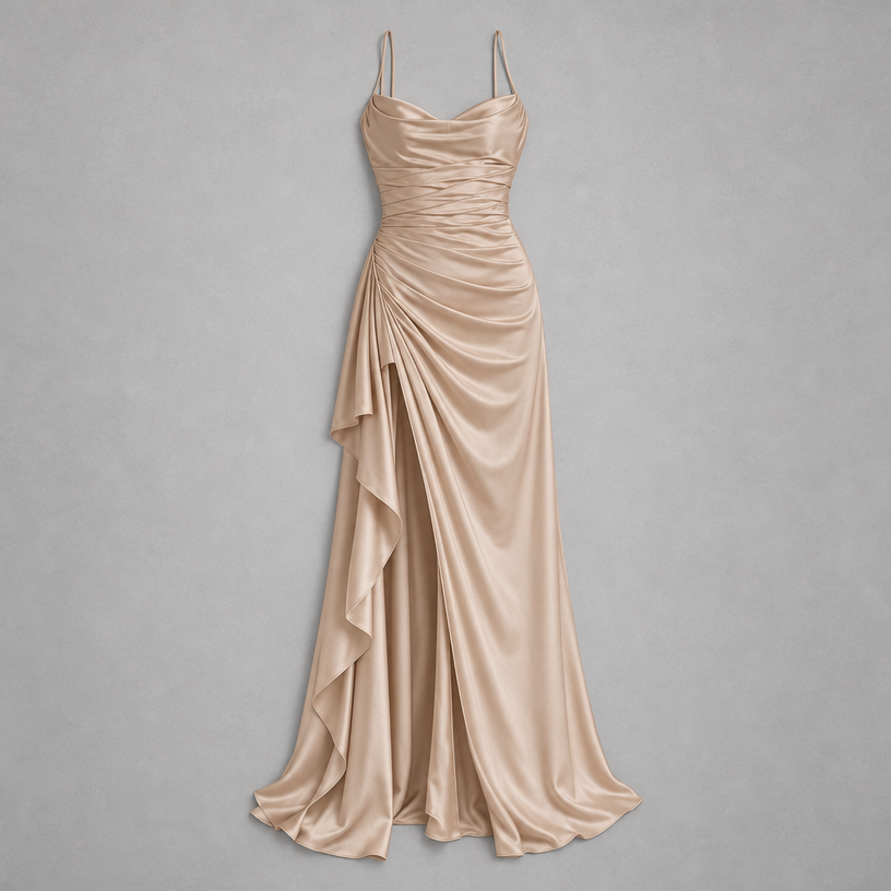 Damen Satin-Abendkleid mit Drapierung und Seitenschlitz — Beige