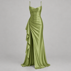Damen Satin-Abendkleid mit Drapierung und Seitenschlitz — Grün