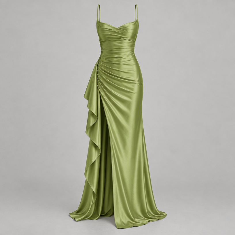 Damen Satin-Abendkleid mit Drapierung und Seitenschlitz — Grün