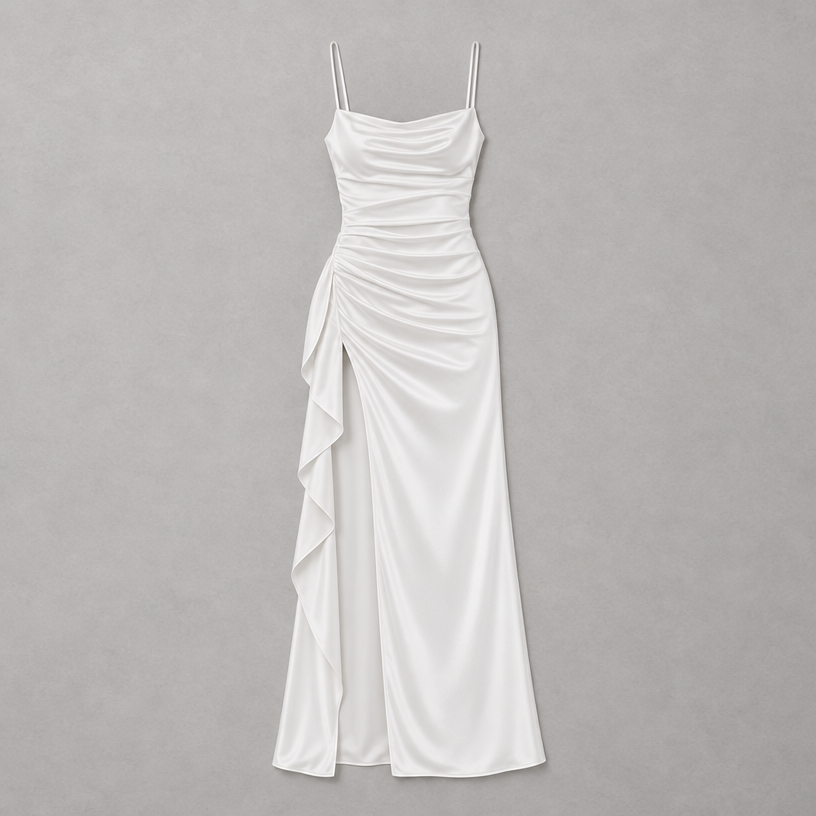 Damen Satin-Abendkleid mit Drapierung und Seitenschlitz — Elfenbein