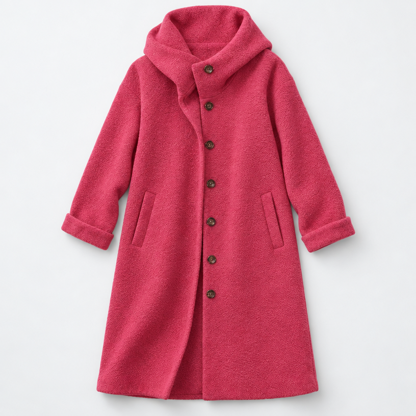 Damen Langer Wollmantel mit Kapuze – Relaxed Fit — Pink