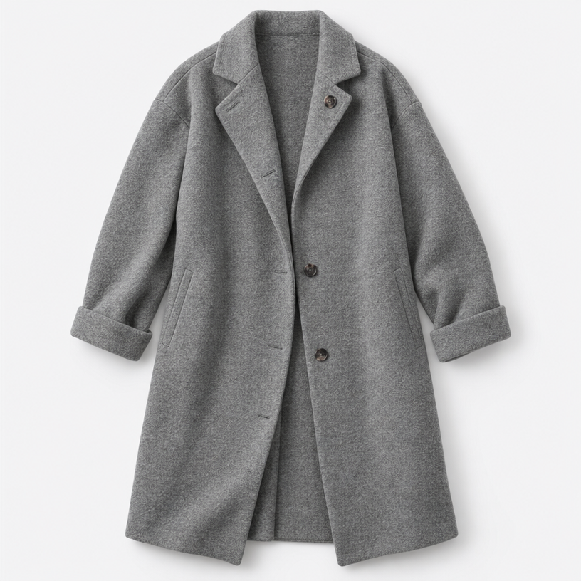 Damen Langer Wollmantel mit Kapuze – Relaxed Fit — Grau