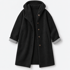 Damen Langer Wollmantel mit Kapuze – Relaxed Fit — Schwarz
