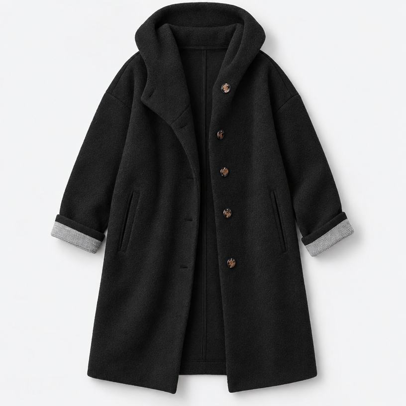 Damen Langer Wollmantel mit Kapuze – Relaxed Fit — Schwarz
