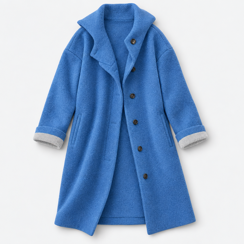 Damen Langer Wollmantel mit Kapuze – Relaxed Fit — Blau