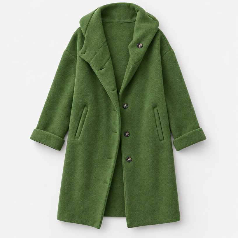 Damen Langer Wollmantel mit Kapuze – Relaxed Fit — Grün