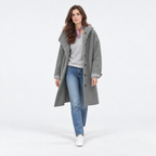 Damen Langer Wollmantel mit Kapuze – Relaxed Fit — Grau