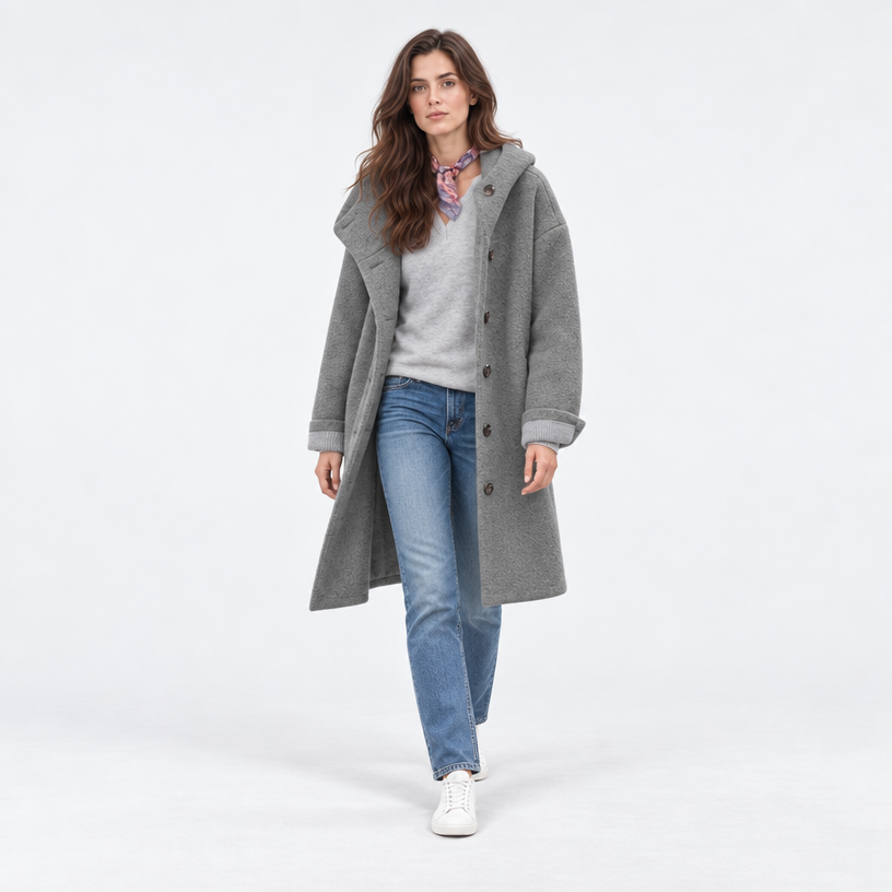 Damen Langer Wollmantel mit Kapuze – Relaxed Fit — Grau