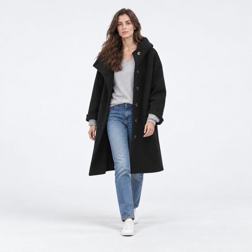 Damen Langer Wollmantel mit Kapuze – Relaxed Fit — Schwarz