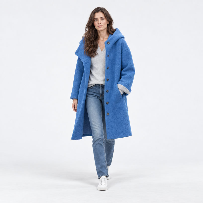 Damen Langer Wollmantel mit Kapuze – Relaxed Fit — Blau