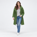 Damen Langer Wollmantel mit Kapuze – Relaxed Fit — Grün