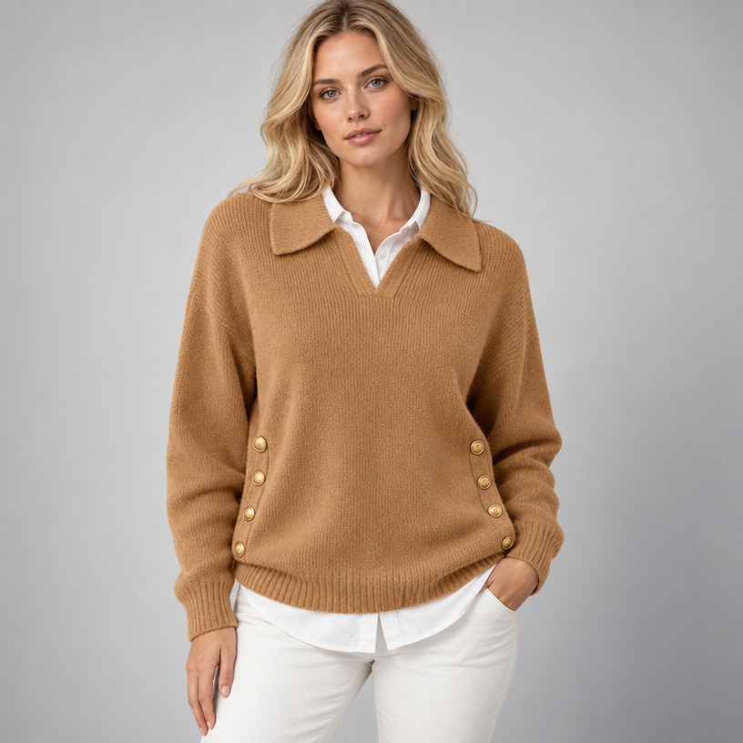 Damen Polokragenpullover mit V-Ausschnitt – Relaxed Fit — Khaki