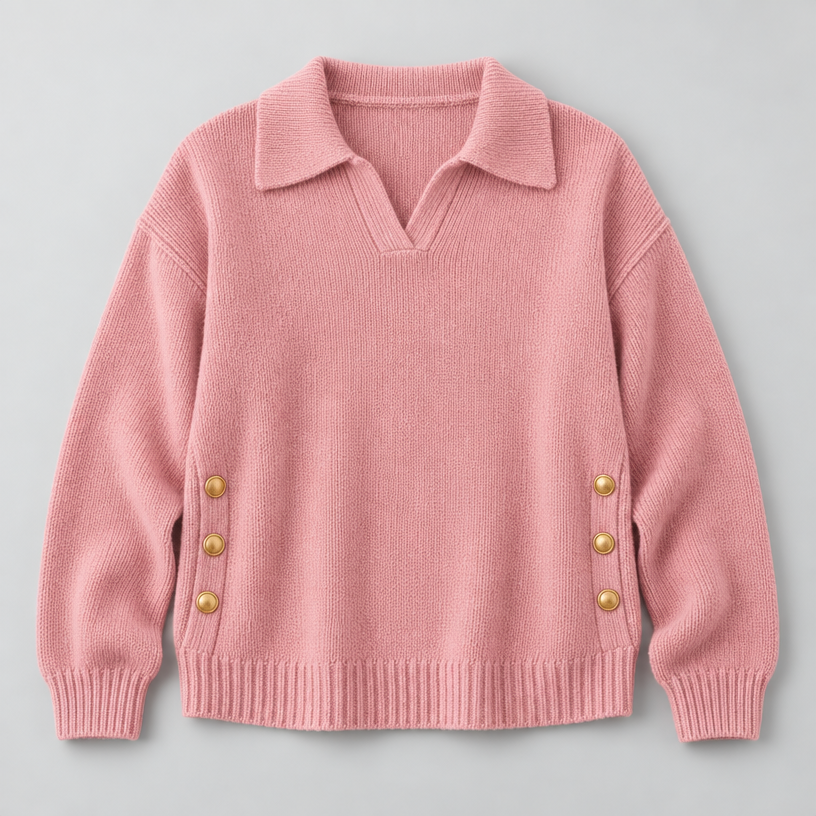 Damen Polokragenpullover mit V-Ausschnitt – Relaxed Fit — Rosa