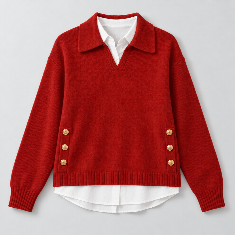 Damen Polokragenpullover mit V-Ausschnitt – Relaxed Fit — Rot