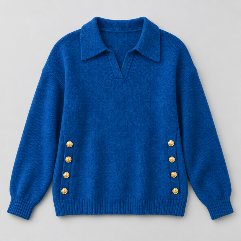 Damen Polokragenpullover mit V-Ausschnitt – Relaxed Fit — Blau