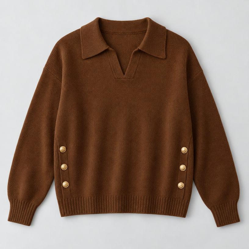 Damen Polokragenpullover mit V-Ausschnitt – Relaxed Fit — Braun