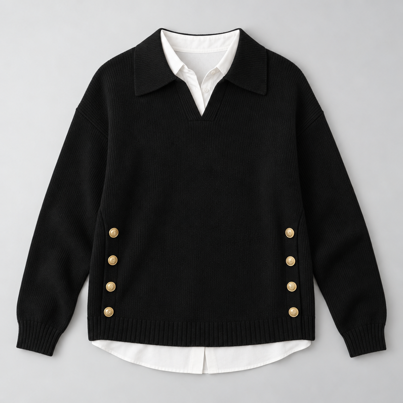 Damen Polokragenpullover mit V-Ausschnitt – Relaxed Fit — Schwarz