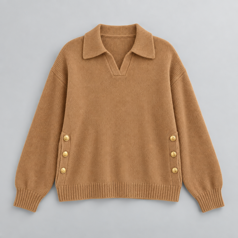 Damen Polokragenpullover mit V-Ausschnitt – Relaxed Fit — Khaki