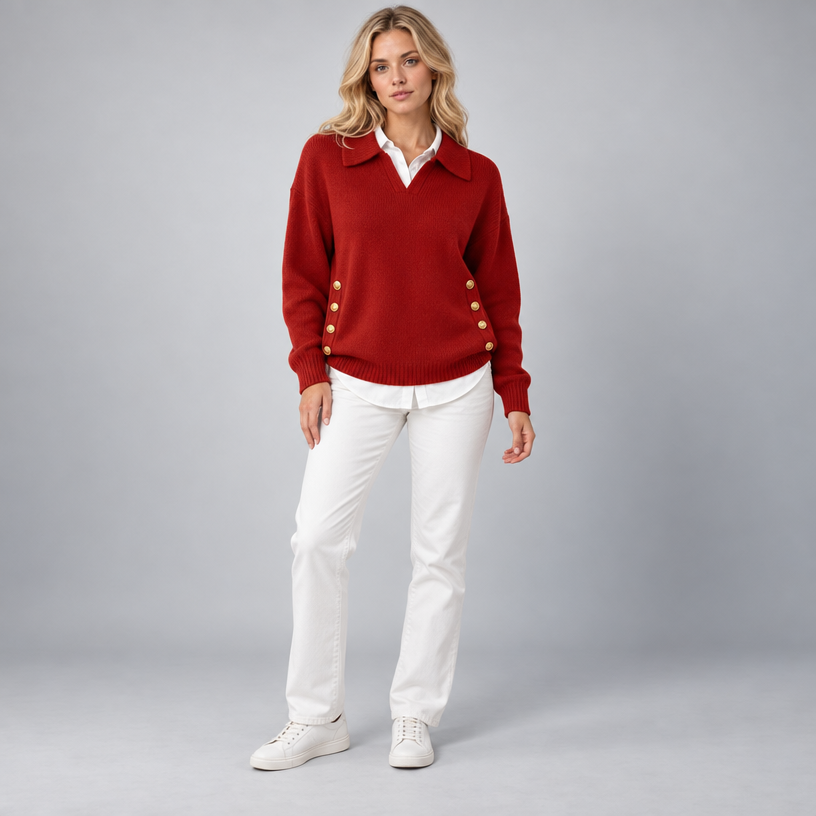 Damen Polokragenpullover mit V-Ausschnitt – Relaxed Fit — Rot