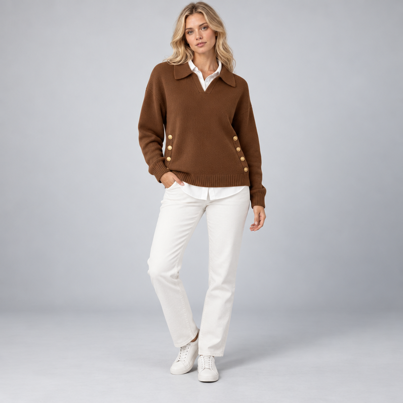 Damen Polokragenpullover mit V-Ausschnitt – Relaxed Fit — Braun