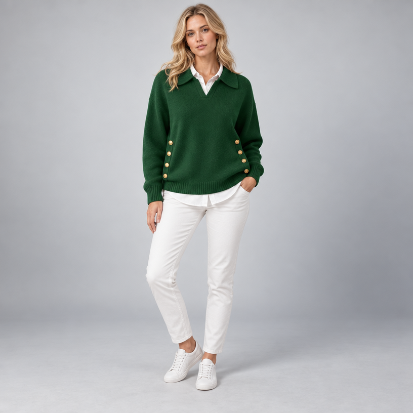 Damen Polokragenpullover mit V-Ausschnitt – Relaxed Fit — Grün