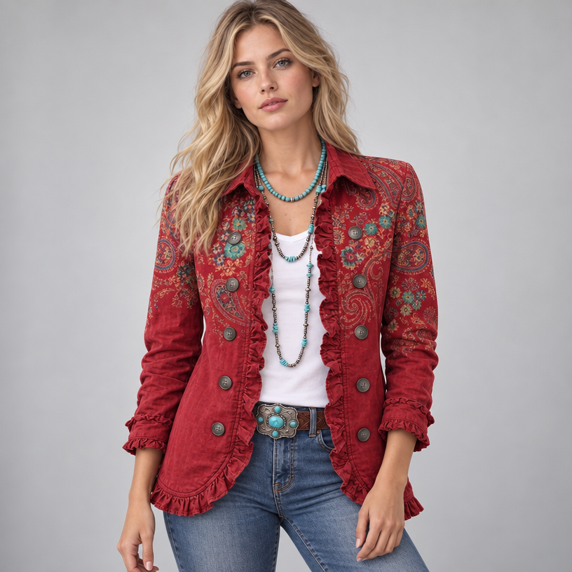 Damen Paisley-Rüschenjacke mit Knopfleiste – Tailliert