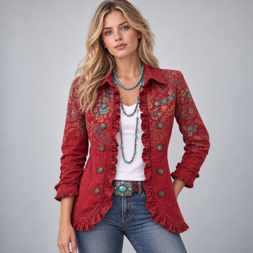 Damen Paisley-Rüschenjacke mit Knopfleiste – Tailliert