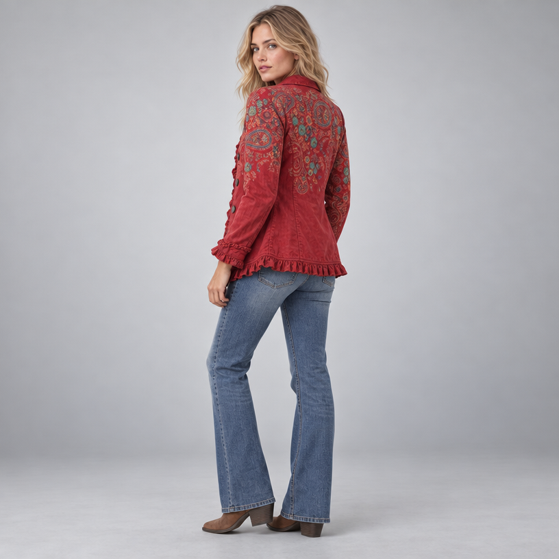 Damen Paisley-Rüschenjacke mit Knopfleiste – Tailliert