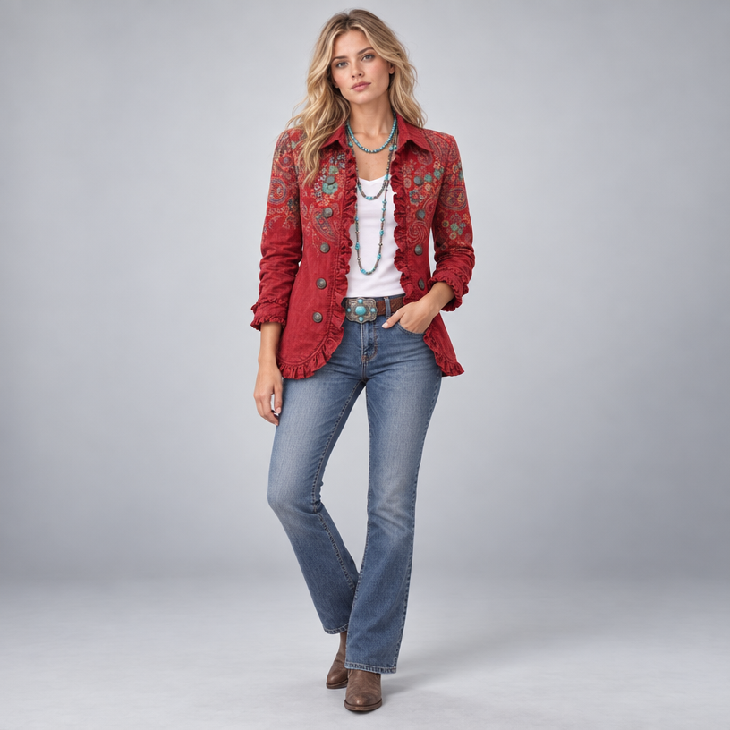 Damen Paisley-Rüschenjacke mit Knopfleiste – Tailliert