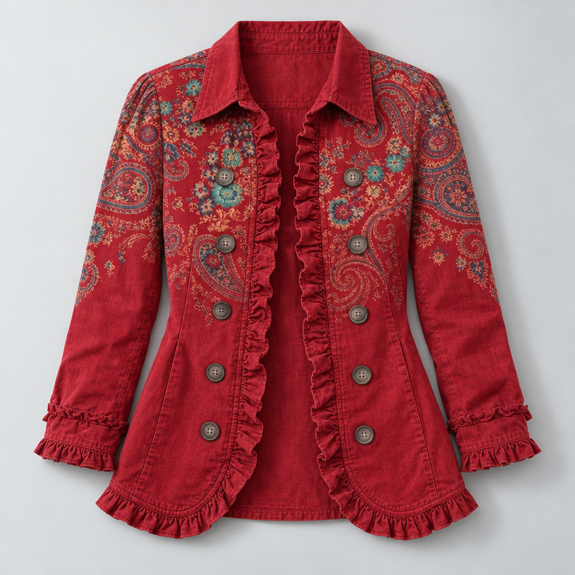 Damen Paisley-Rüschenjacke mit Knopfleiste – Tailliert