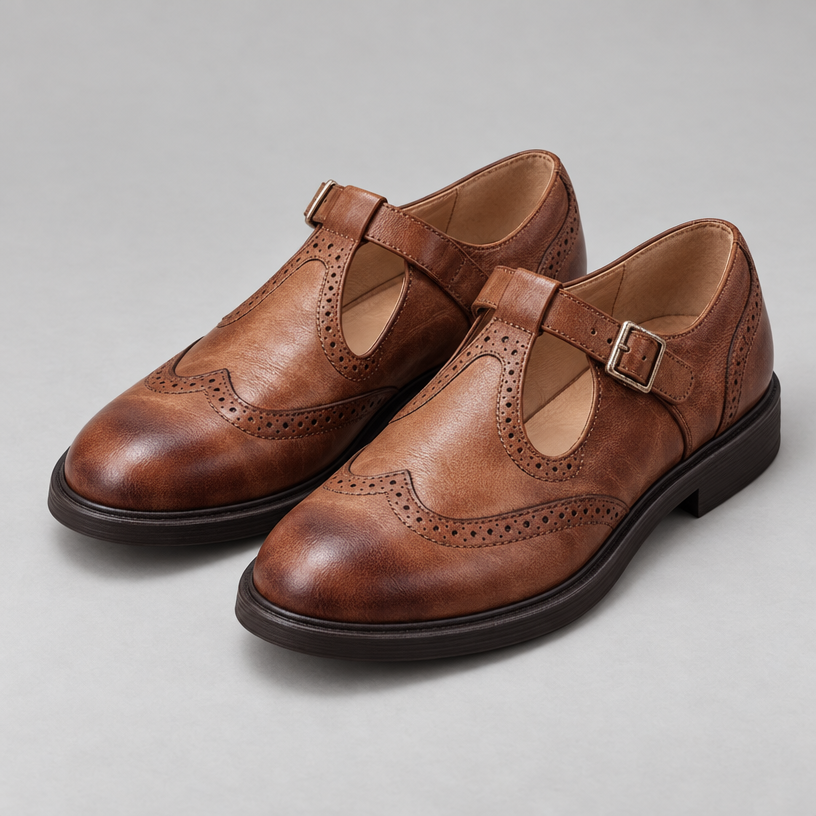 Damen Mary-Jane-Brogues mit T-Riemen – Veganleder — Braun