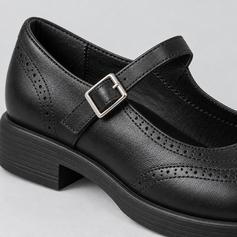 Damen Mary-Jane-Brogues mit T-Riemen – Veganleder — Schwarz