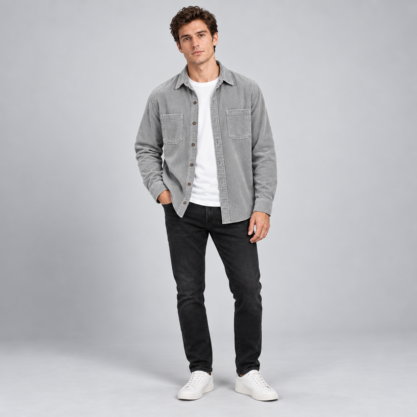 Herren Cord-Hemdjacke mit Knopfleiste – Regular Fit — Grau