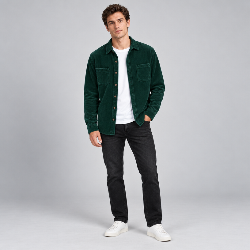 Herren Cord-Hemdjacke mit Knopfleiste – Regular Fit — Grün