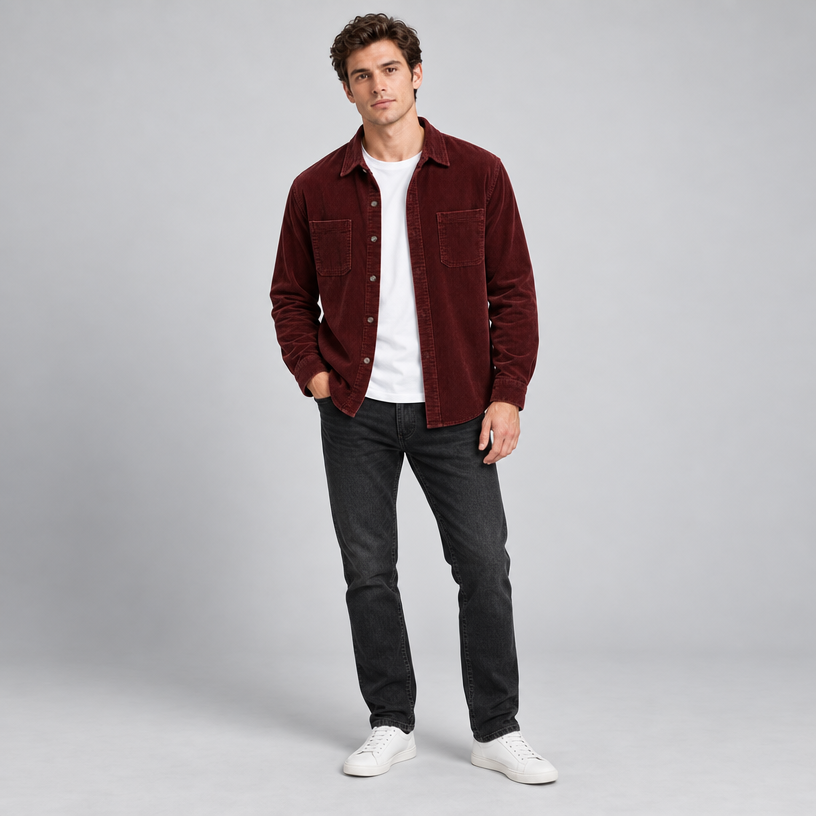 Herren Cord-Hemdjacke mit Knopfleiste – Regular Fit — Dunkelrot