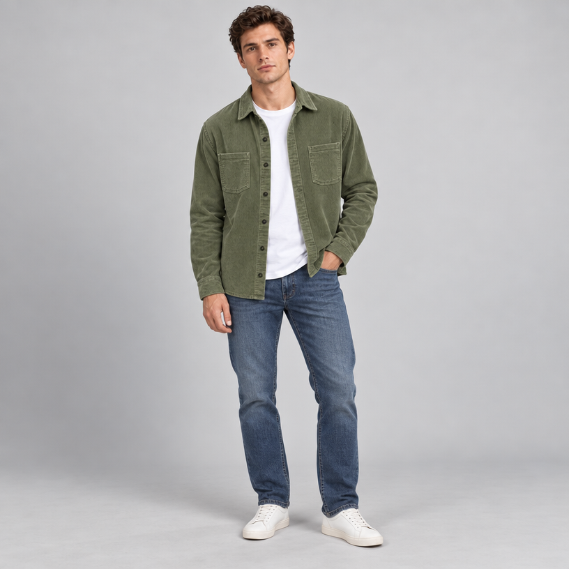 Herren Cord-Hemdjacke mit Knopfleiste – Regular Fit — Militärgrün
