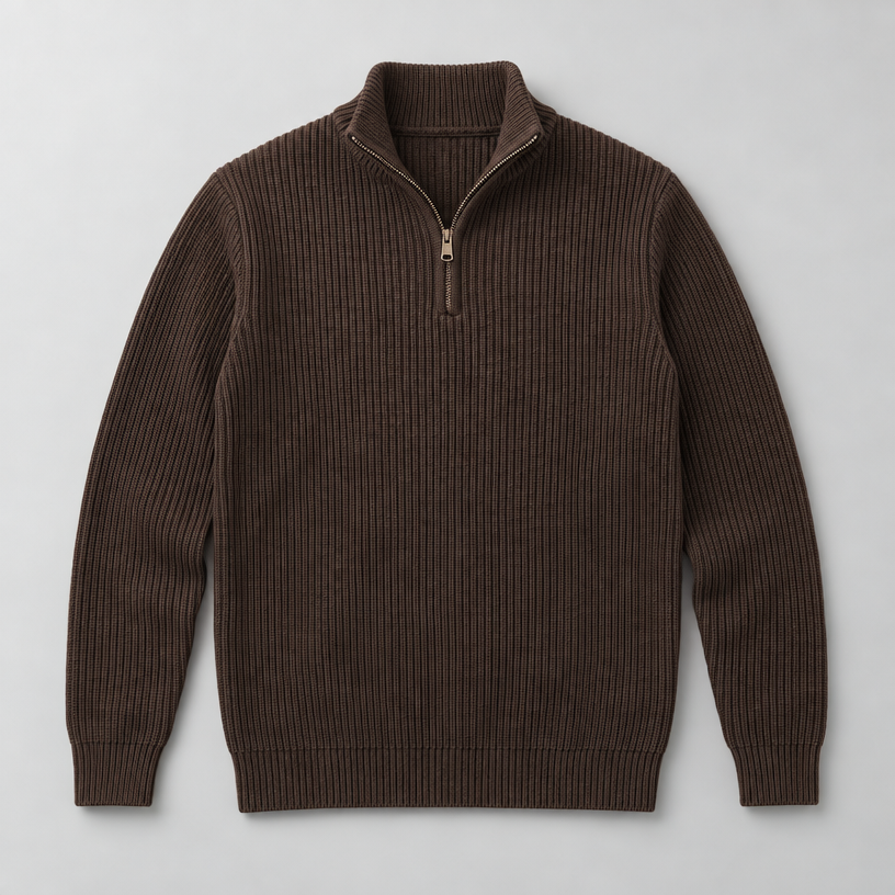 Herren Woll-Troyer mit Quarter-Zip und Stehkragen — Braun