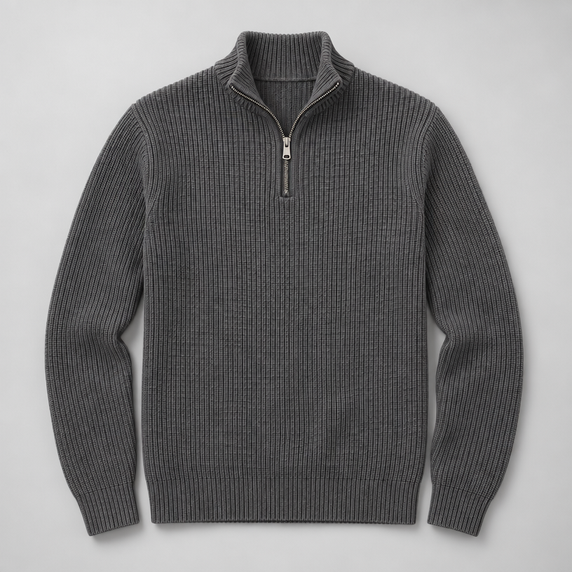 Herren Woll-Troyer mit Quarter-Zip und Stehkragen — Grau