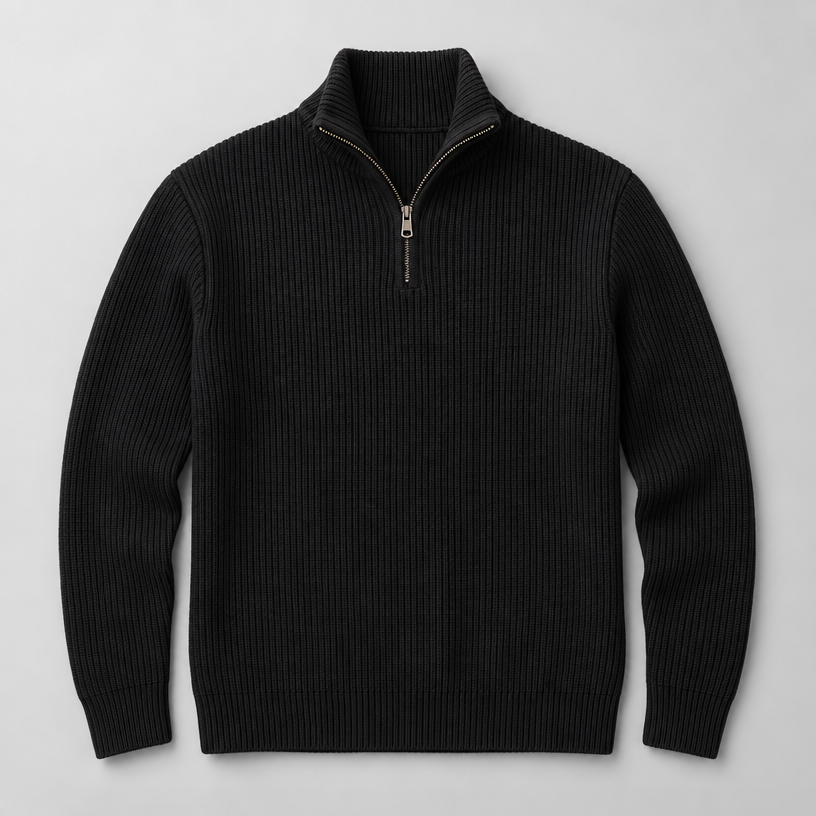 Herren Woll-Troyer mit Quarter-Zip und Stehkragen — Schwarz