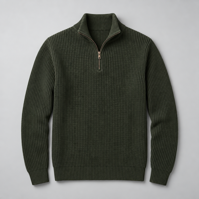 Herren Woll-Troyer mit Quarter-Zip und Stehkragen — Grün