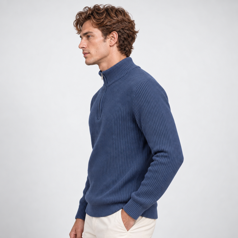 Herren Woll-Troyer mit Quarter-Zip und Stehkragen — Blau
