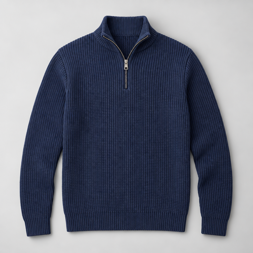 Herren Woll-Troyer mit Quarter-Zip und Stehkragen — Blau
