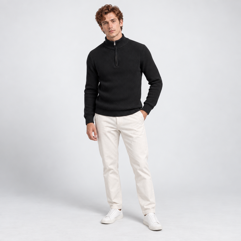 Herren Woll-Troyer mit Quarter-Zip und Stehkragen — Schwarz