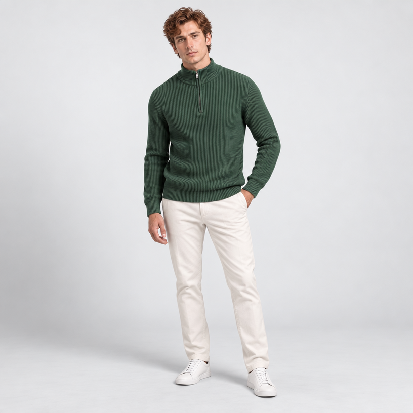 Herren Woll-Troyer mit Quarter-Zip und Stehkragen — Grün