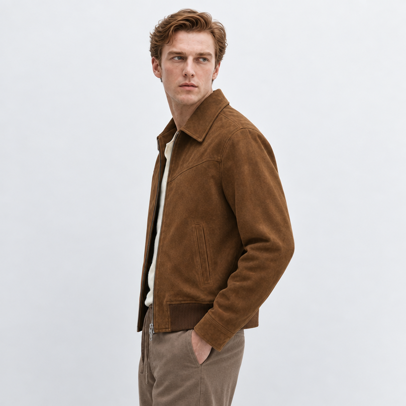 Herren Velourslederjacke mit Reißverschluss – Regular Fit — Braun