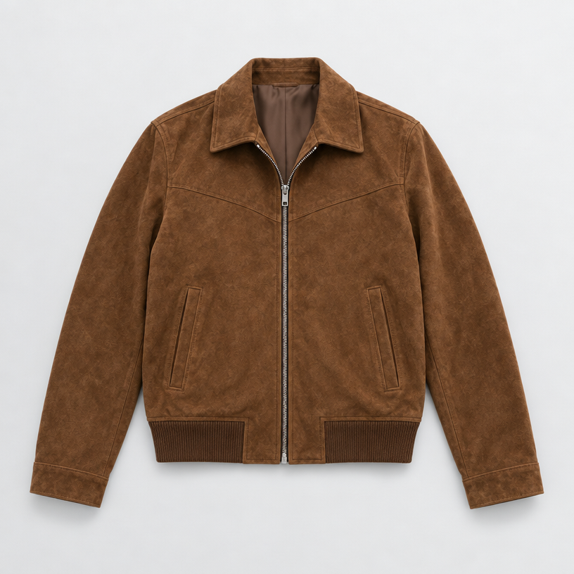 Herren Velourslederjacke mit Reißverschluss – Regular Fit — Braun
