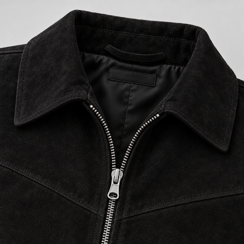 Herren Velourslederjacke mit Reißverschluss – Regular Fit — Schwarz